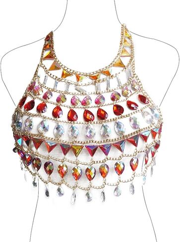 سالي حمالة صدر بوهو بسلسلة ذهبية مثيرة مرصعة بحجر الراين، حمالة صدر للجسم بدون ظهر مزينة بالترتر، اكسسوارات للجسم للشاطئ، مجوهرات للنساء والفتيات (J) in Kuwait