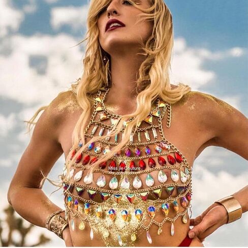 سالي حمالة صدر بوهو بسلسلة ذهبية مثيرة مرصعة بحجر الراين، حمالة صدر للجسم بدون ظهر مزينة بالترتر، اكسسوارات للجسم للشاطئ، مجوهرات للنساء والفتيات (J) in Kuwait
