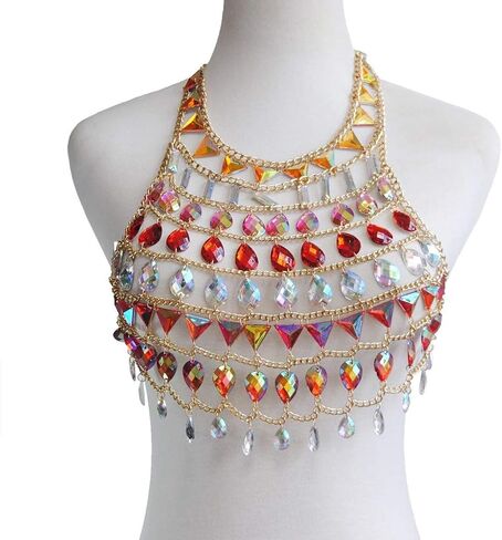 سالي حمالة صدر بوهو بسلسلة ذهبية مثيرة مرصعة بحجر الراين، حمالة صدر للجسم بدون ظهر مزينة بالترتر، اكسسوارات للجسم للشاطئ، مجوهرات للنساء والفتيات (J) in Kuwait