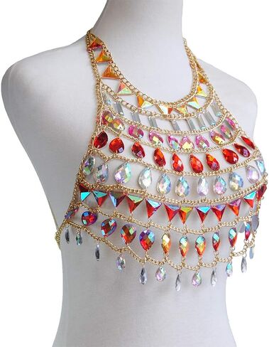 سالي حمالة صدر بوهو بسلسلة ذهبية مثيرة مرصعة بحجر الراين، حمالة صدر للجسم بدون ظهر مزينة بالترتر، اكسسوارات للجسم للشاطئ، مجوهرات للنساء والفتيات (J) in Kuwait