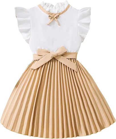 OYOANGLE Girl's Pleated Colorblock Short Sleeve Stand Collar A Line Flared Belted Short Dress in Saudi Arabia