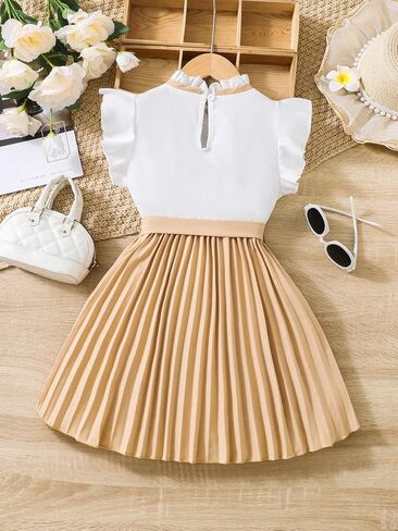 OYOANGLE Girl's Pleated Colorblock Short Sleeve Stand Collar A Line Flared Belted Short Dress in Saudi Arabia