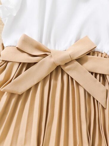 OYOANGLE Girl's Pleated Colorblock Short Sleeve Stand Collar A Line Flared Belted Short Dress in Saudi Arabia
