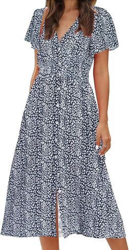 ROYLAMP Women's Floral Button Up Split Dress Deep V Short Bell Sleeve Casual Midi Dress with Pockets in Saudi Arabia