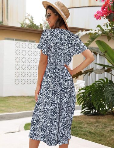 ROYLAMP Women's Floral Button Up Split Dress Deep V Short Bell Sleeve Casual Midi Dress with Pockets in Saudi Arabia