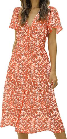 ROYLAMP Women's Floral Button Up Split Dress Deep V Short Bell Sleeve Casual Midi Dress with Pockets in Saudi Arabia