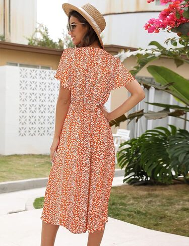 ROYLAMP Women's Floral Button Up Split Dress Deep V Short Bell Sleeve Casual Midi Dress with Pockets in Saudi Arabia