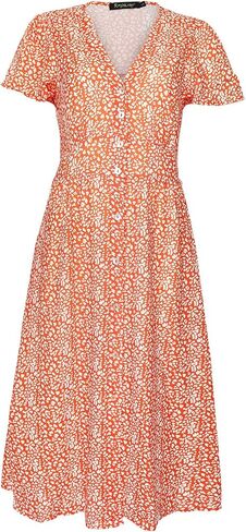ROYLAMP Women's Floral Button Up Split Dress Deep V Short Bell Sleeve Casual Midi Dress with Pockets in Saudi Arabia