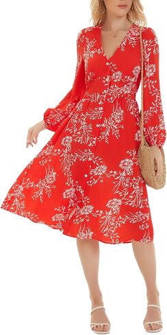 ROYLAMP Women's Floral Button Up Split Dress Deep V Short Bell Sleeve Casual Midi Dress with Pockets in Saudi Arabia