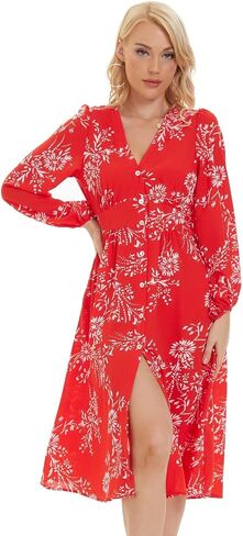 ROYLAMP Women's Floral Button Up Split Dress Deep V Short Bell Sleeve Casual Midi Dress with Pockets in Saudi Arabia