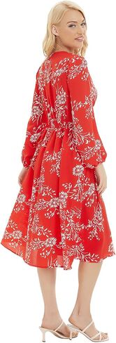 ROYLAMP Women's Floral Button Up Split Dress Deep V Short Bell Sleeve Casual Midi Dress with Pockets in Saudi Arabia