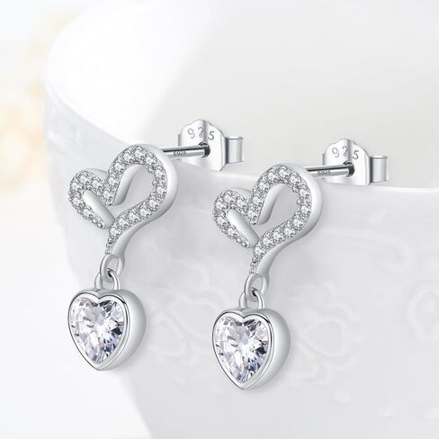 أقراط متدلية على شكل قلب متدلية من الفضة الإسترليني عيار 925 لا تسبب الحساسية على شكل قلب، أقراط على شكل قلب مزدوج، هدايا مجوهرات للنساء والفتيات in Kuwait