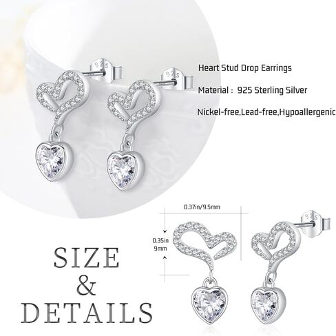 أقراط متدلية على شكل قلب متدلية من الفضة الإسترليني عيار 925 لا تسبب الحساسية على شكل قلب، أقراط على شكل قلب مزدوج، هدايا مجوهرات للنساء والفتيات in Kuwait