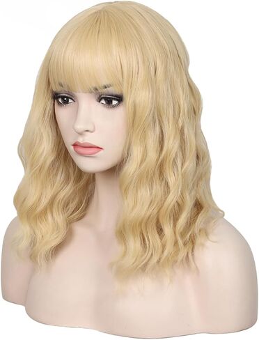 WildCos Short 14 Inches Pastel Wavy With Air Bangs Bob Cosplay Wig for Girl and Women Colorful Wigs (Blonde) in Saudi Arabia