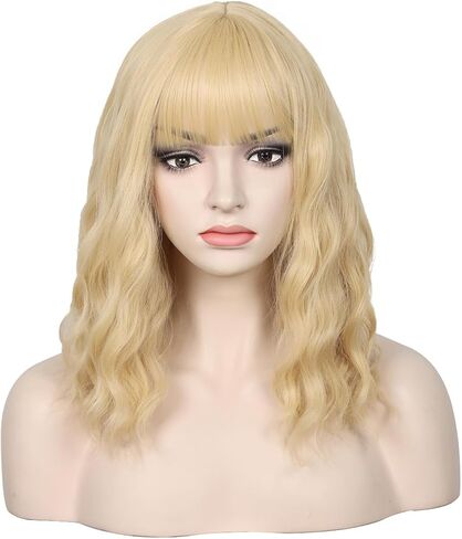 WildCos Short 14 Inches Pastel Wavy With Air Bangs Bob Cosplay Wig for Girl and Women Colorful Wigs (Blonde) in Saudi Arabia
