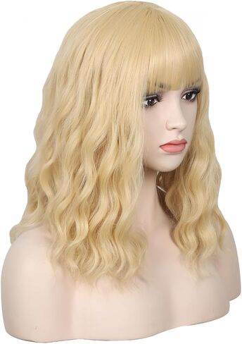WildCos Short 14 Inches Pastel Wavy With Air Bangs Bob Cosplay Wig for Girl and Women Colorful Wigs (Blonde) in Saudi Arabia