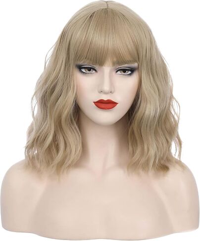 PATTNIUM 14 Inches Blonde Wig Short Wavy Wig Ash Blonde Wig with Bangs Flaxen Blonde Wig for Women Girls Heat Resistant Synthetic Wig(Ash Blonde) in Saudi Arabia
