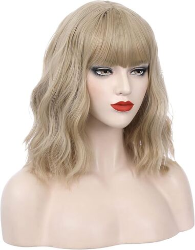 PATTNIUM 14 Inches Blonde Wig Short Wavy Wig Ash Blonde Wig with Bangs Flaxen Blonde Wig for Women Girls Heat Resistant Synthetic Wig(Ash Blonde) in Saudi Arabia