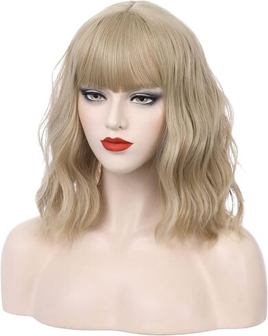PATTNIUM 14 Inches Blonde Wig Short Wavy Wig Ash Blonde Wig with Bangs Flaxen Blonde Wig for Women Girls Heat Resistant Synthetic Wig(Ash Blonde) in Saudi Arabia