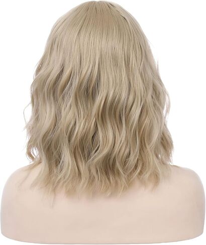 PATTNIUM 14 Inches Blonde Wig Short Wavy Wig Ash Blonde Wig with Bangs Flaxen Blonde Wig for Women Girls Heat Resistant Synthetic Wig(Ash Blonde) in Saudi Arabia
