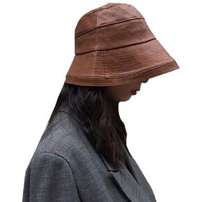 Felite Fnn Women Wide Brim Fall Winter PU Leather Bucket Hat Waterproof Fishermen Cap