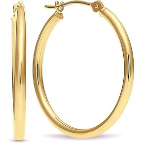 14k Gold Classic Shiny Polished Round Hoop Earrings, 2mm tube, 35mm (1.4 inch) Diameter