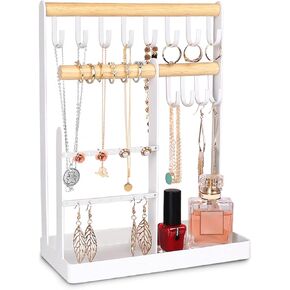حامل منظم مجوهرات، حامل عرض مجوهرات من 5 طبقات مع فتحات للاقراط و12 خطاف تعليق، رف تخزين للسلاسل والاساور على سطح الطاولة مع صينية خواتم، برج مجوهرات للساعات in Kuwait