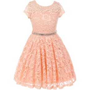 Little Girl Cap Sleeve Lace Skater Stone Belt Party Flower Girls Dresses 4-20