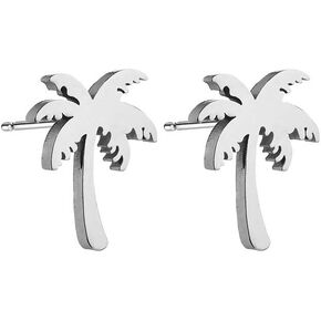 RUIZHEN Stainless Steel Tiny Beach Palm Tree Stud Earrings Summer Vacation Jewelry