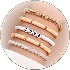 Corlorful Stackable Bracelets Boho Bracelets Bead Bracelet Pearl Bracelets for Women 5Pcs Colorful Beach Bracelet for Summer Love Bracelet for Teen Girls