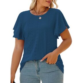 VISLILY Womens-Plus-Size-Summer-Tops Ruffle Short Sleeve T Shirts Crewneck Eyelet Tunics Casual Loose Tee in Kuwait