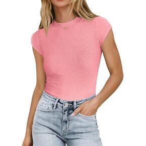 MIHOLL Women's 2024 Summer Short Sleeve Tops Mock Neck Cap Sleeve Ribbed Knit Slim Fit Casual Basic Tee T Shirts in Kuwait