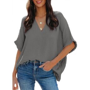 قمصان Dokotoo النسائية الكاجوال بأكمام قصيرة ورقبة على شكل حرف V وبلوزات علوية كبيرة الحجم in Kuwait