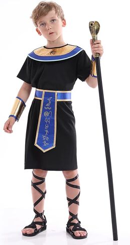 زي فرعون للأولاد، زي ملك مصر التاريخي للأطفال، فستان تنكرية للعب الأدوار كاهن للأطفال، أسود، أزرق in Kuwait