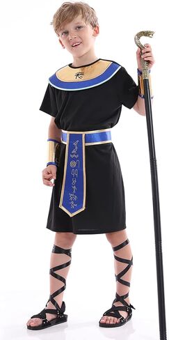 زي فرعون للأولاد، زي ملك مصر التاريخي للأطفال، فستان تنكرية للعب الأدوار كاهن للأطفال، أسود، أزرق in Kuwait