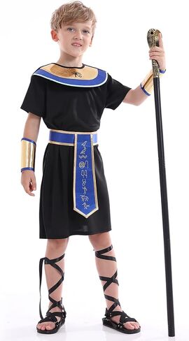 زي فرعون للأولاد، زي ملك مصر التاريخي للأطفال، فستان تنكرية للعب الأدوار كاهن للأطفال، أسود، أزرق in Kuwait