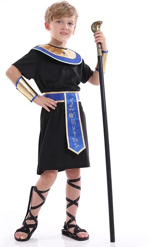 زي فرعون للأولاد، زي ملك مصر التاريخي للأطفال، فستان تنكرية للعب الأدوار كاهن للأطفال، أسود، أزرق in Kuwait