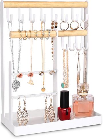 حامل منظم مجوهرات، حامل عرض مجوهرات من 5 طبقات مع فتحات للاقراط و12 خطاف تعليق، رف تخزين للسلاسل والاساور على سطح الطاولة مع صينية خواتم، برج مجوهرات للساعات in Kuwait