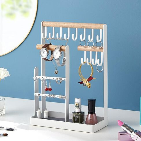 حامل منظم مجوهرات، حامل عرض مجوهرات من 5 طبقات مع فتحات للاقراط و12 خطاف تعليق، رف تخزين للسلاسل والاساور على سطح الطاولة مع صينية خواتم، برج مجوهرات للساعات in Kuwait