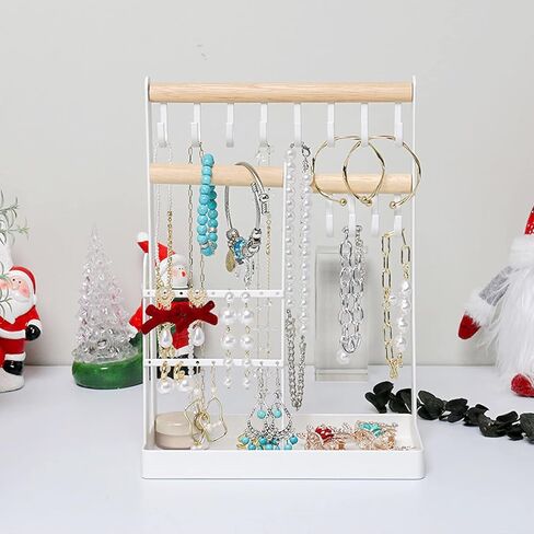 حامل منظم مجوهرات، حامل عرض مجوهرات من 5 طبقات مع فتحات للاقراط و12 خطاف تعليق، رف تخزين للسلاسل والاساور على سطح الطاولة مع صينية خواتم، برج مجوهرات للساعات in Kuwait