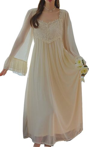 SINGINGQWEEN ثوب نوم نسائي برقبة على شكل V من الدانتيل فستان نوم عتيق ملابس منزلية قميص مثير بيجامات الزفاف in Kuwait