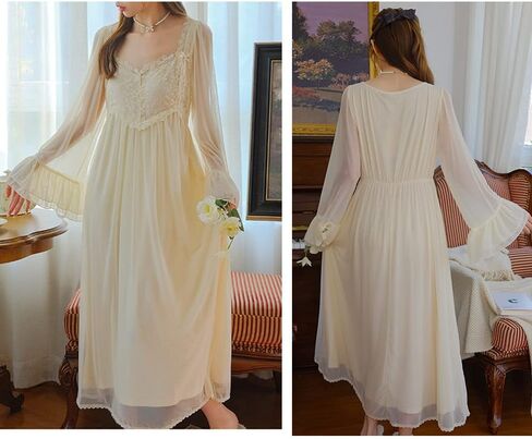 SINGINGQWEEN ثوب نوم نسائي برقبة على شكل V من الدانتيل فستان نوم عتيق ملابس منزلية قميص مثير بيجامات الزفاف in Kuwait