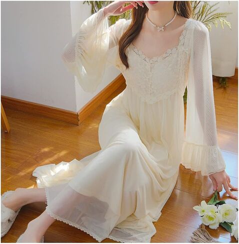 SINGINGQWEEN ثوب نوم نسائي برقبة على شكل V من الدانتيل فستان نوم عتيق ملابس منزلية قميص مثير بيجامات الزفاف in Kuwait