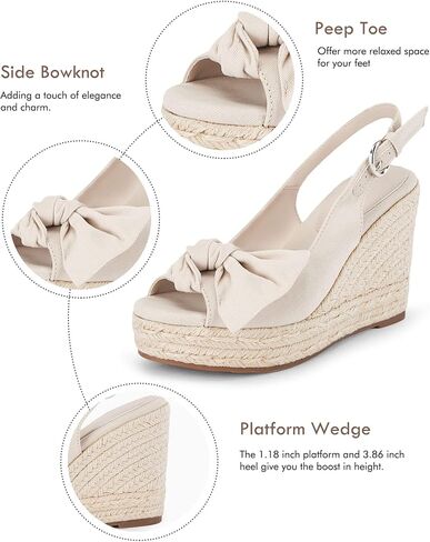 Coutgo Women's Peep Toe Wedges Heels Slingback Espadrille Platform Sandals Side Bowknot Casual Shoes in Kuwait