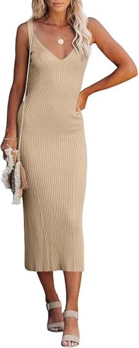 Lacozy Women's 2024 Summer Bodycon Midi Dress Sexy V-Neck Sleeveless Sweater Dress Casual Tank Top Dresses in Saudi Arabia