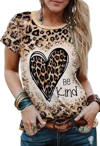 Be Kind Leopard T Shirt Animal Leopard Heart Graphic Blessed Shirt Women Inspirational Teacher Short Sleeve Tees Tops in Kuwait