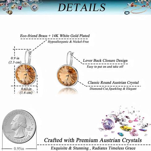 Austrian Crystals Round Drop Leverback Earrings for Women 14K Gold Plated Hypoallergenic Hoop Earrings in Kuwait