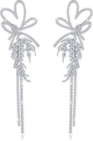 Frwiskp Wedding Earrings for Brides, Silver Earrings for Women, 18K White Gold Plated Sterling Silver Post Cubic Zirconia Dangle Earrings, Clear Crystal Hypoallergenic Chandelier/Tassel Earrings in Saudi Arabia