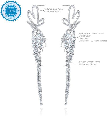 Frwiskp Wedding Earrings for Brides, Silver Earrings for Women, 18K White Gold Plated Sterling Silver Post Cubic Zirconia Dangle Earrings, Clear Crystal Hypoallergenic Chandelier/Tassel Earrings in Saudi Arabia
