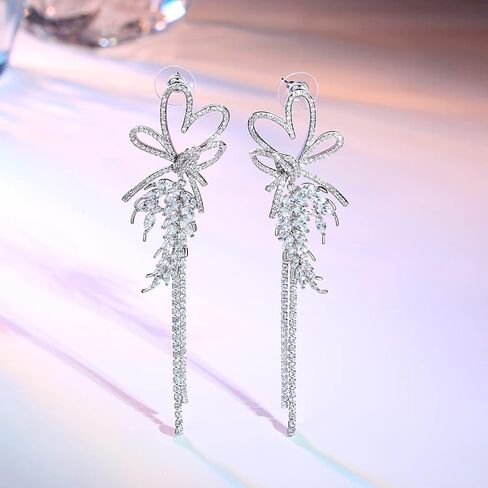 Frwiskp Wedding Earrings for Brides, Silver Earrings for Women, 18K White Gold Plated Sterling Silver Post Cubic Zirconia Dangle Earrings, Clear Crystal Hypoallergenic Chandelier/Tassel Earrings in Saudi Arabia